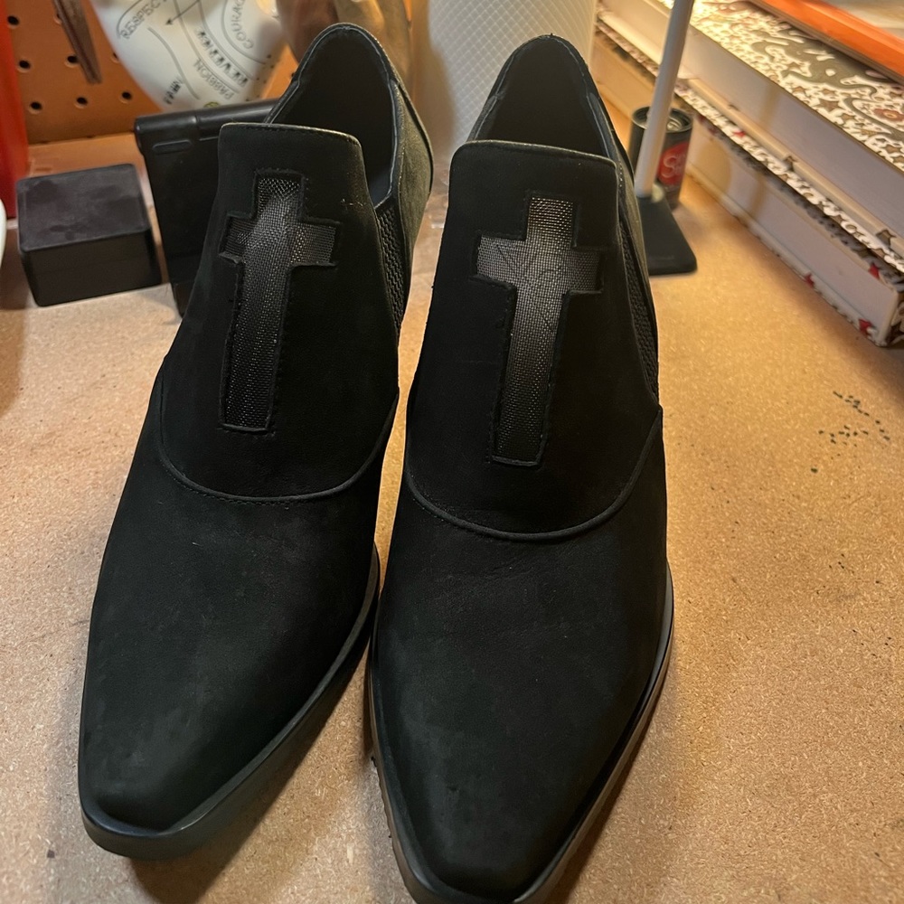 UNIF Black Suede Ankle Booties with Cross Detail